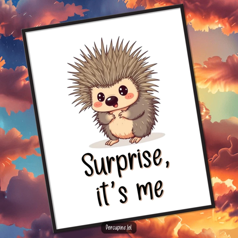Funny poster showing a porcupine comically tangled in its own quills, with a wide-eyed expression of comical surprise.
