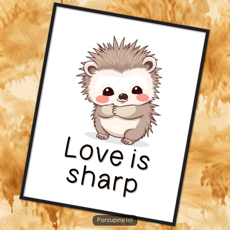 Funny poster of a porcupine offering a prickly hug with a shy smile, designed to add warm, humorous affection and charm to any wall decor.