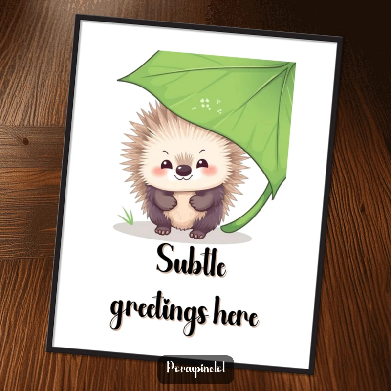 Funny Poster depicting a porcupine with a shy, endearing smile, peeking coyly from behind a large, lush leaf, creating a sense of playful mystery.
