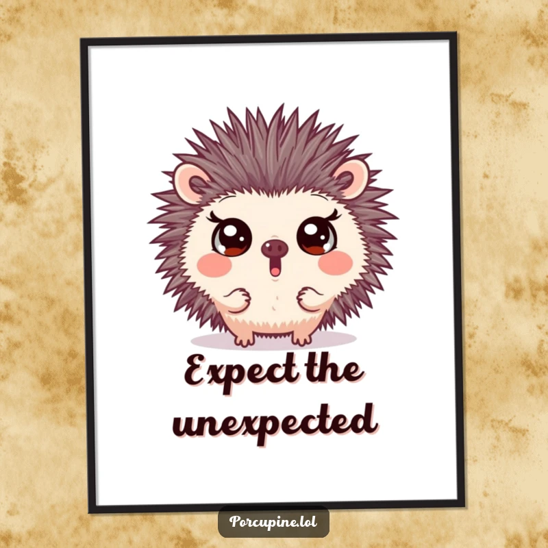 Funny poster of a porcupine making a surprising face with wide eyes, designed to add comical shock and humorous amusement to any wall decor.