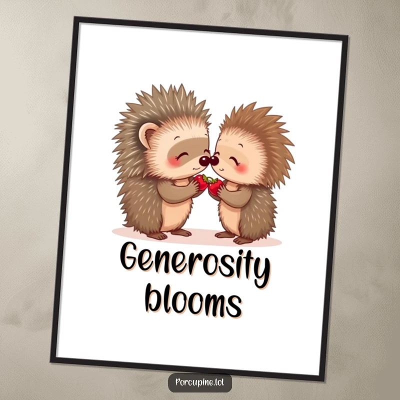 Funny porcupine berry share poster illustrating two porcupines sharing a small berry, a sweet and heartwarming depiction of friendship.