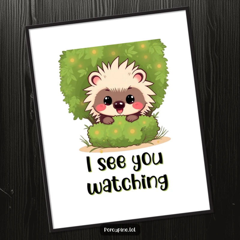 Funny Kawaii Porcupine Poster: Adorable cartoon porcupine with a mischievous grin, peeking from behind a shrub, creating a fun scene.