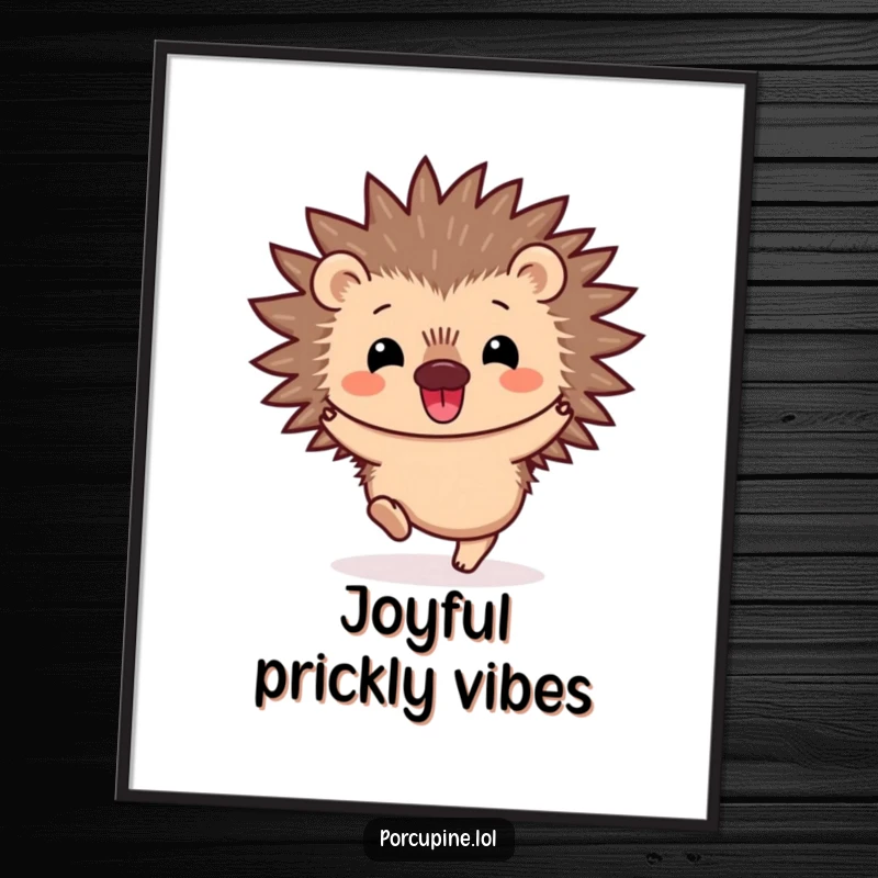 Funny Kawaii Porcupine Poster: A delightful illustration of a smiling porcupine joyfully doing a little hop, adding cheerful and prickly vibes to any wall.