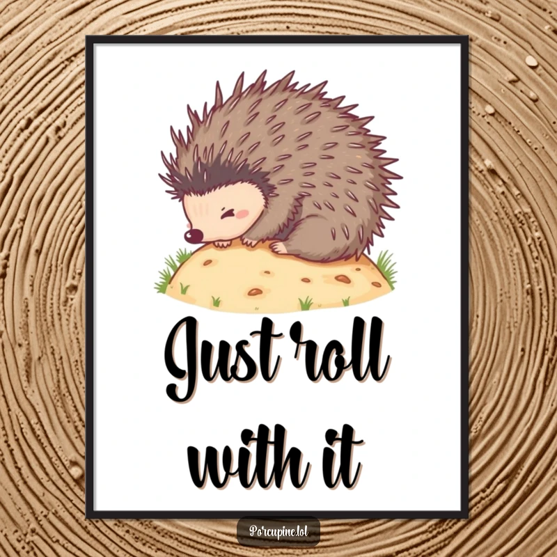 Funny poster showing a porcupine in mid-roll down a hill, quills fanned out, capturing a moment of spontaneous, hilarious fun.
