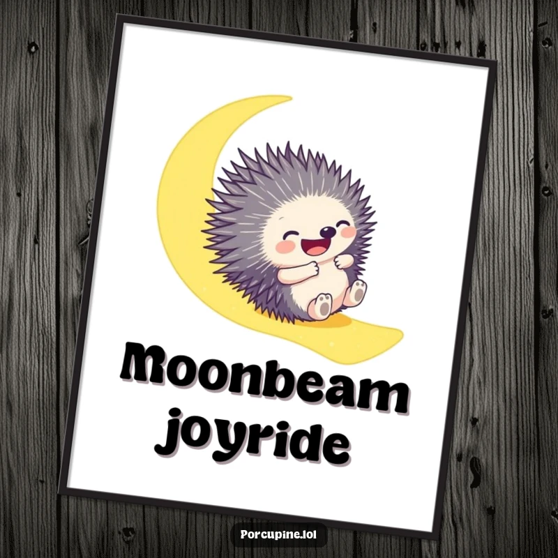 Funny poster illustrating a porcupine gleefully sliding down a glowing moonbeam, creating a whimsical and humorous piece of wall art.