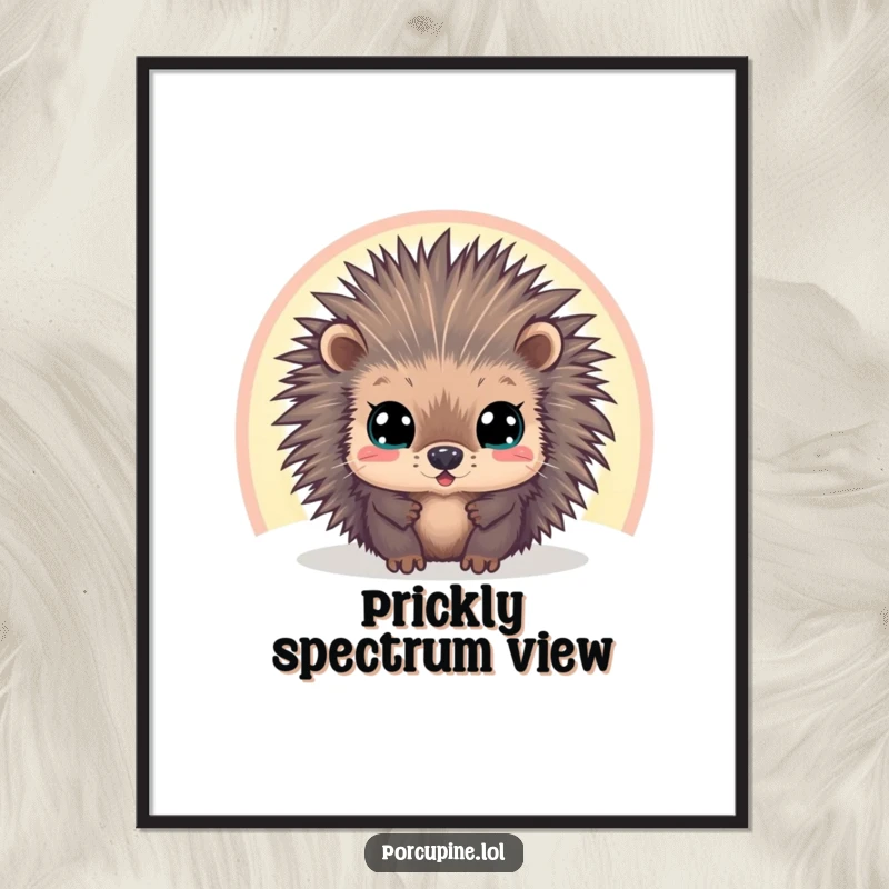 Funny poster showcasing a wide-eyed porcupine peering through a vibrant, whimsical rainbow, adding a touch of humor and color to any wall.