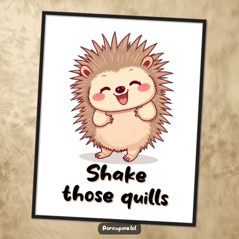Funny poster of a porcupine doing a happy little dance with wiggling quills, designed to bring vibrant energy and humorous charm to any wall.