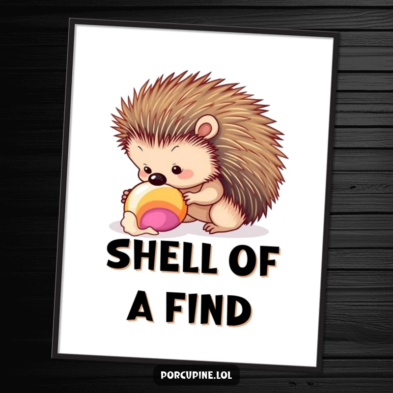 Funny seashell porcupine poster depicting a porcupine curiously inspecting a colorful seashell, adding a touch of coastal charm and humor.