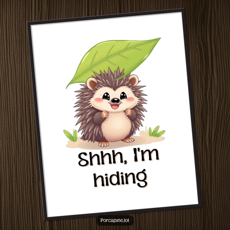 Funny poster of a porcupine peeking from behind a leaf with a grin, designed to add playful charm and humorous intrigue to any wall decor.