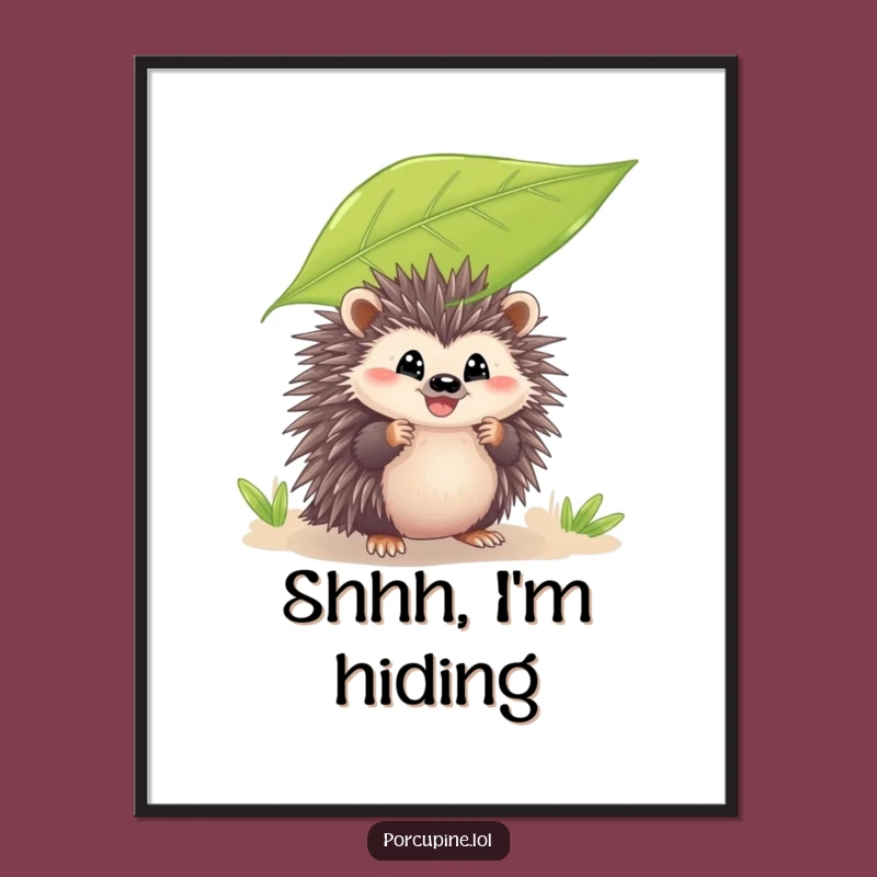 Funny Peeking Porcupine Poster: Leafy Grin Brings Playful Charm to Your Walls