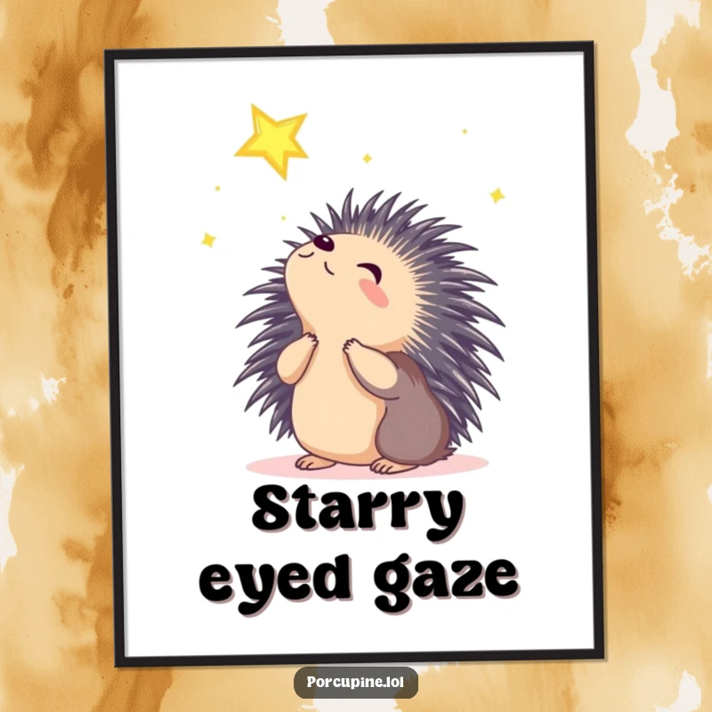 Funny wondering porcupine poster illustrating a porcupine gazing at a shining star with a look of pure wonder and enchantment.