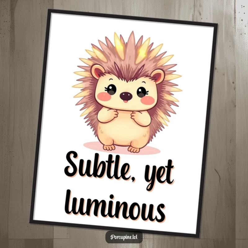 Funny poster art of a porcupine with softly illuminated quills, creating a magical and humorous focal point for any room.