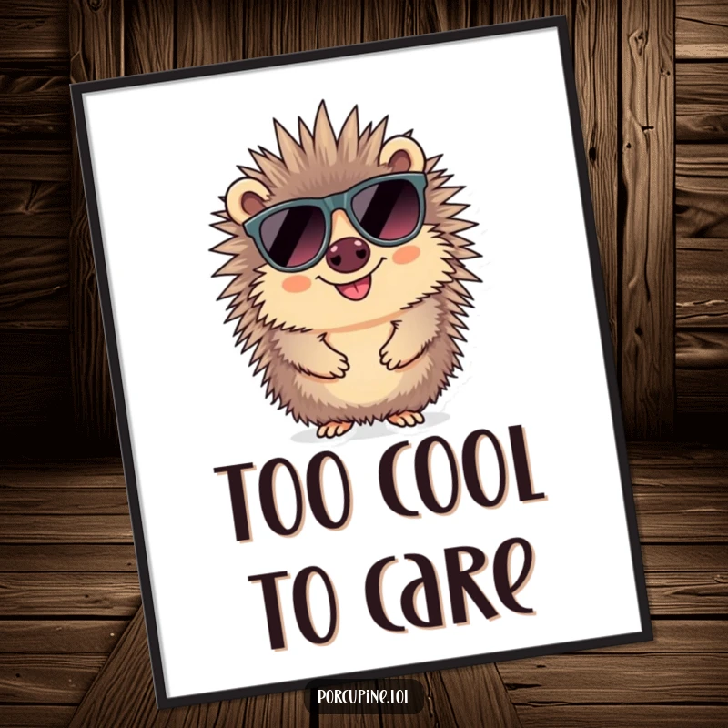 Funny sunglasses porcupine poster showing a smiling porcupine sporting large, dark sunglasses, exuding a cool and confident aura.