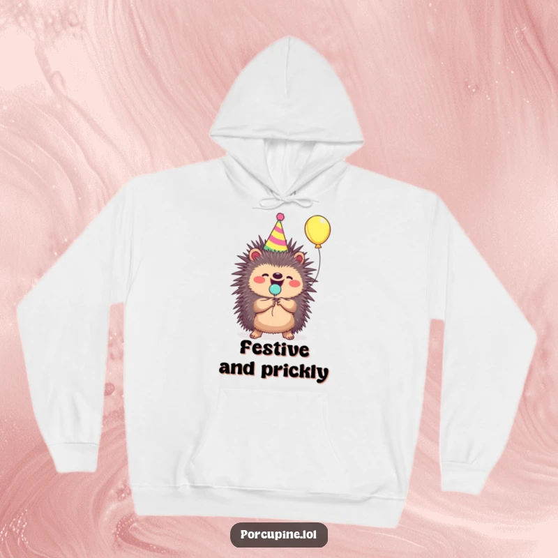 Funny porcupine hoodie wearing a party hat, joyfully popping a balloon, cozy and amusing.