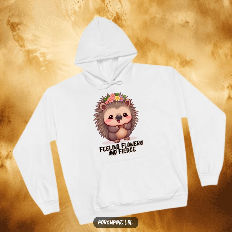 Funny Kawaii Porcupine Hoodie: A cute, happy porcupine sporting a flower crown, offering warmth and prickly charm in this adorable hoodie.
