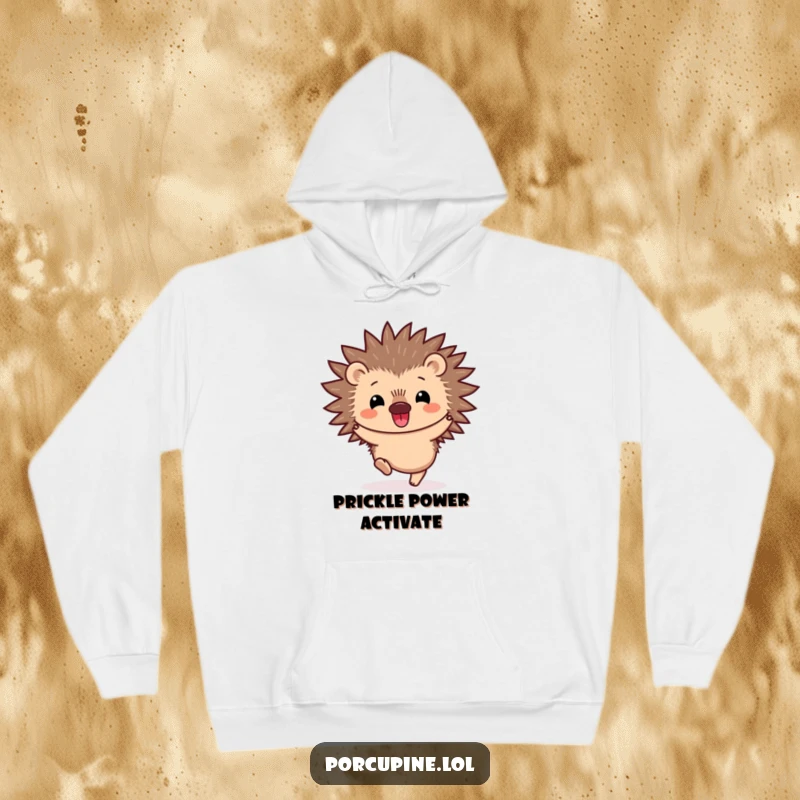 Funny Kawaii Porcupine Hoodie: A sweet, smiling porcupine caught mid-hop, exuding happiness and charm. This cozy hoodie is a delightful and funny wearable.
