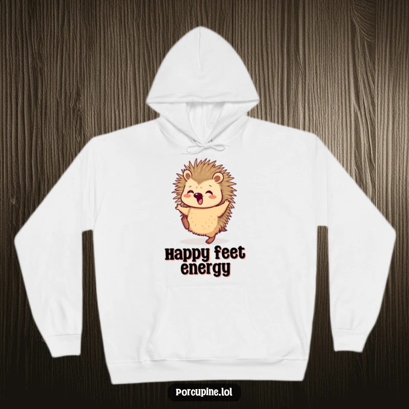 Funny Hoodie showcasing a porcupine in mid-dance, its hind legs happily kicking to an unseen beat, radiating pure bliss.