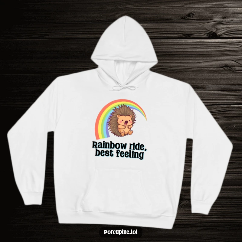 Funny Porcupine Hoodie: A warm pullover featuring a porcupine sliding down a rainbow arc with a happy, whooshing sound, perfect for adventure lovers.