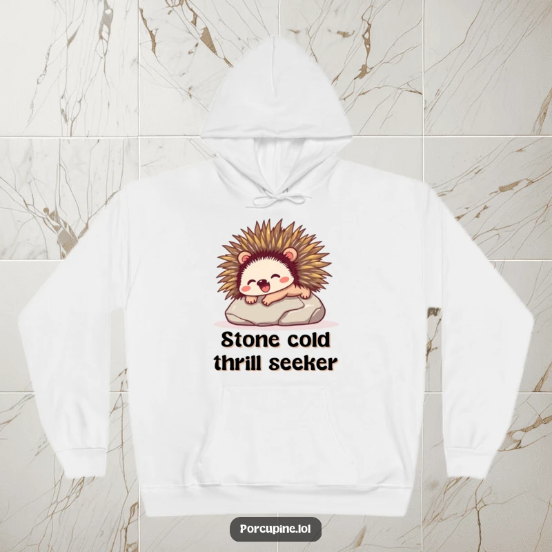 Funny hoodie illustration of a porcupine sliding with extreme glee down a smooth, slick stone, embodying pure fun and excitement.