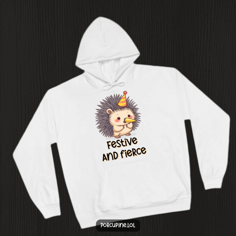Funny porcupine hoodie featuring a porcupine in a party hat blowing a horn, bringing cozy, festive humor.