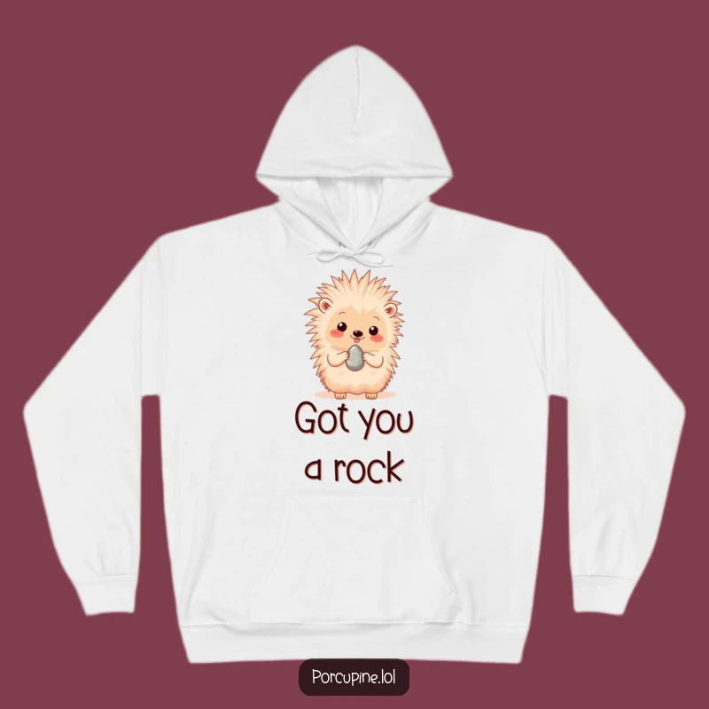 Funny Porcupine Pebble Presenting Hoodie - Cozy Comfort with Heartwarming Humor