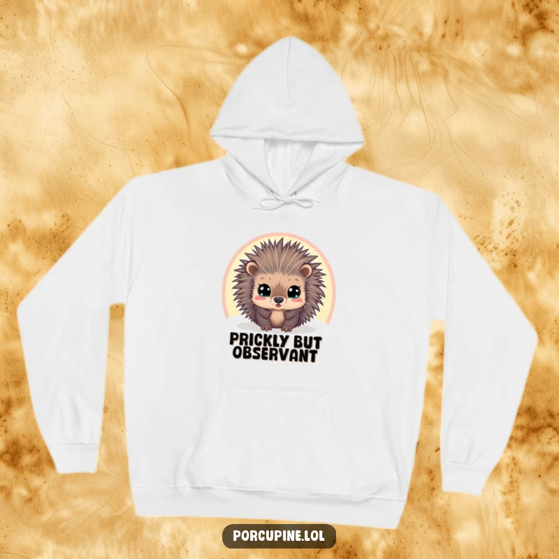 Funny hoodie showing a wide-eyed porcupine peeking curiously through a colorful, magical rainbow, perfect for cozy, humorous moments.