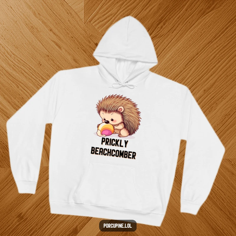Funny seashell porcupine hoodie featuring a porcupine curiously examining a colorful seashell, offering warmth and a touch of beachy humor.