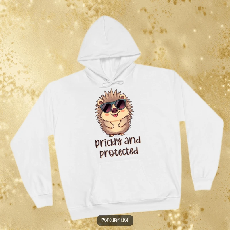 Funny sunglasses porcupine hoodie featuring a smiling porcupine wearing large, fashionable sunglasses, embodying a relaxed and cool vibe.
