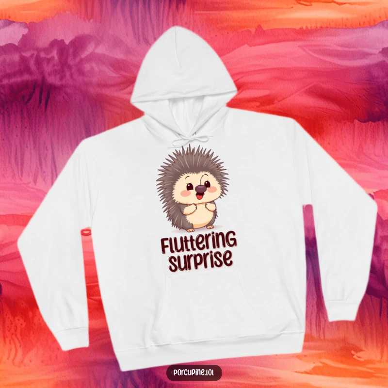 Funny hoodie design of a porcupine with a startled expression as a butterfly lands on its nose, highlighting a moment of surprise.