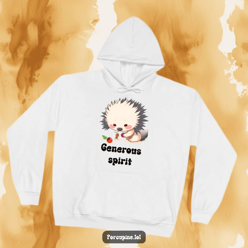 Funny hoodie design of a porcupine sharing a berry with a small ant, promoting themes of kindness and friendship.