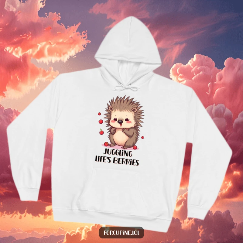 Funny Kawaii Porcupine Hoodie: Soft and warm hoodie featuring a cute cartoon porcupine juggling berries with a happy expression.