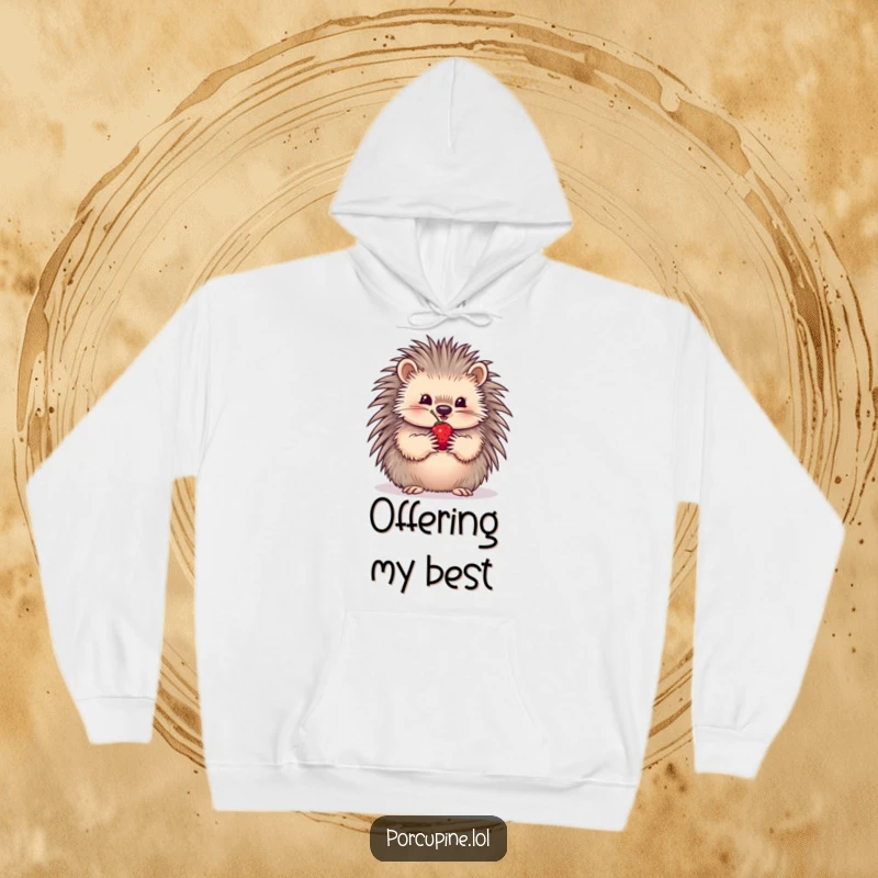 Funny Hoodie showcasing a porcupine carefully presenting a single, vibrant berry held delicately in its paws, embodying pure goodwill.