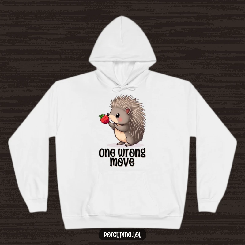 Funny hoodie featuring a porcupine with remarkable precision, balancing a juicy berry atop a single upright quill.