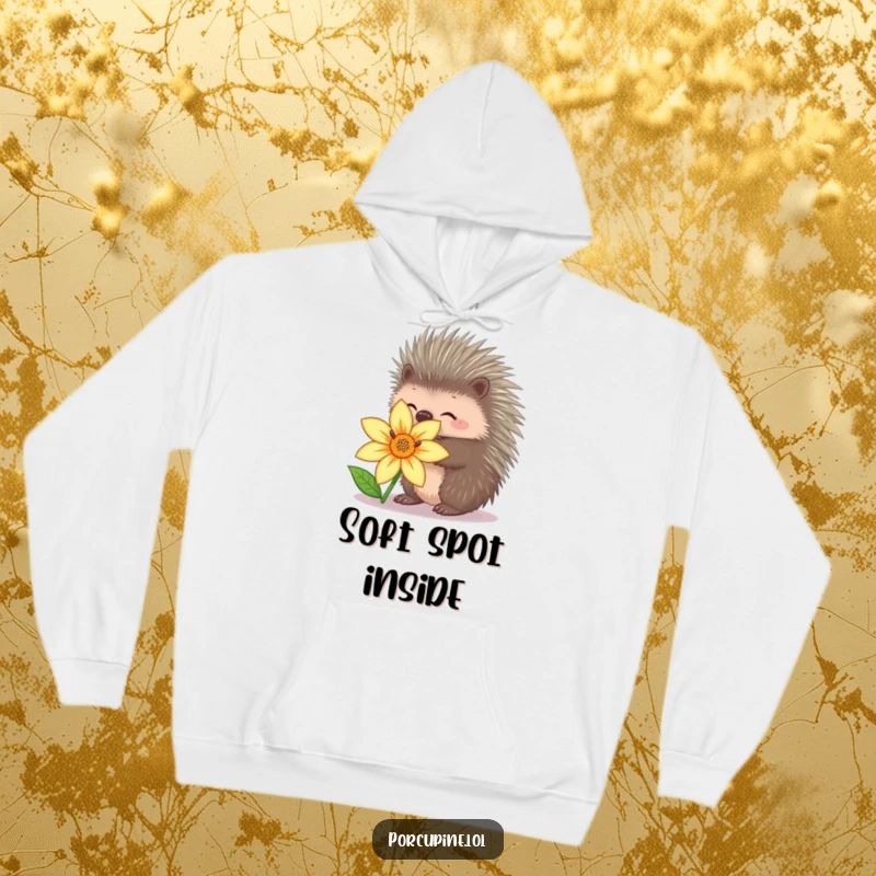 Funny porcupine hoodie depicting a porcupine retracting its quills to hug a flower, offering cozy and gentle humor.