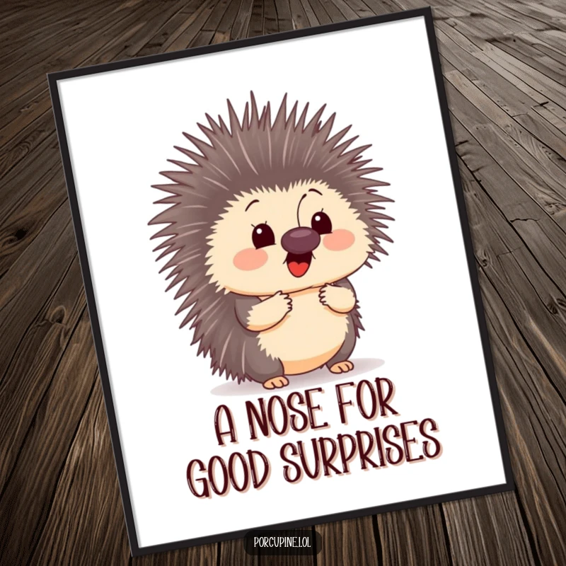 Funny free printable wall art showcasing a porcupine's hilariously surprised expression as a butterfly delicately lands on its nose.