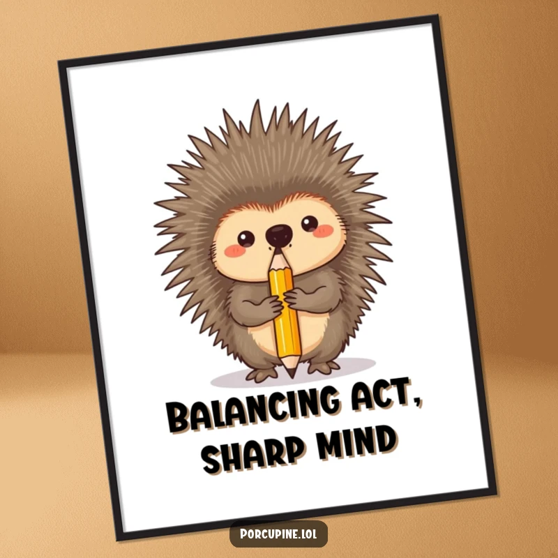 Funny free printable wall art: A determined porcupine balances a single pencil on its nose, creating a captivating and humorous scene.