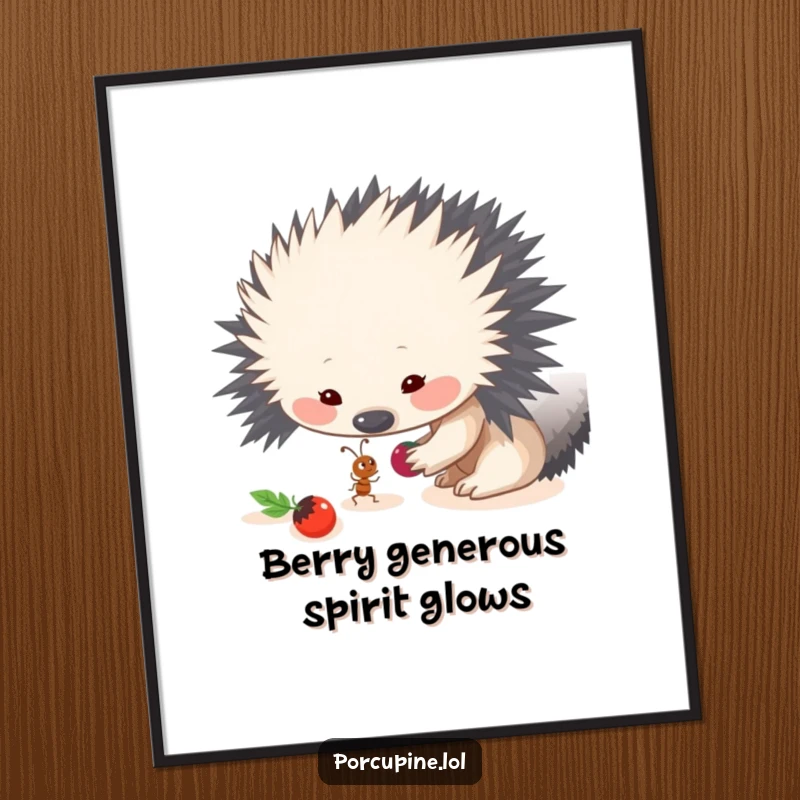Funny free printable wall art illustrating a porcupine and a tiny ant sharing a berry, symbolizing friendship and generosity in nature.