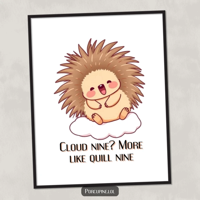 Cute Free Printable Wall Art: A porcupine with quills extended, happily bouncing on a soft, fluffy cloud.
