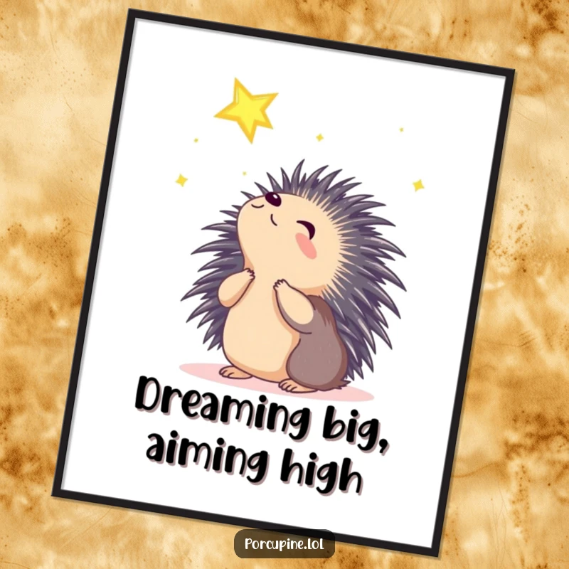 Funny free printable wall art of a porcupine gazing upwards with eyes full of wonder at a brilliant shining star.