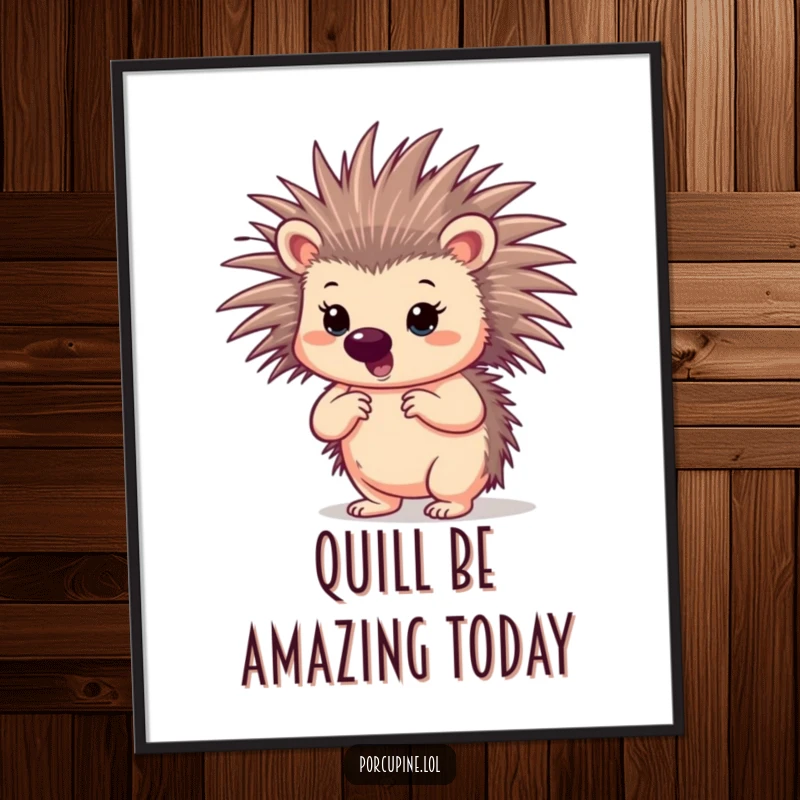 Funny free printable wall art of a porcupine striking a confident, proud pose with its quills slightly spread, exuding power.