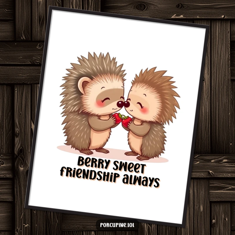 Funny free printable wall art of two porcupines sharing a small berry, illustrating friendship and sweet connection.