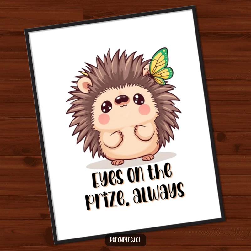Funny Free Printable Wall Art: A kawaii porcupine with massive, innocent eyes gazing intently at a small, elegant butterfly in flight.