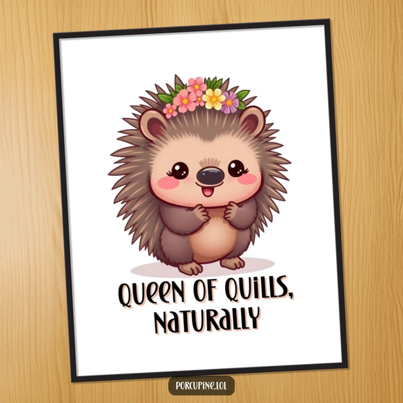 Funny Free Printable Wall Art: A kawaii porcupine with a tiny flower crown perched on its head, radiating a pleased and happy vibe.