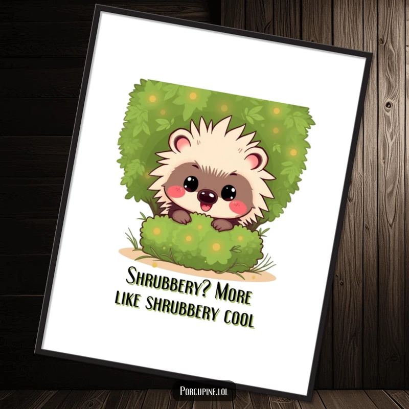 Funny Free Printable Wall Art: A kawaii porcupine with a mischievous grin peeks from behind a lush green shrub, adding a touch of playful surprise.