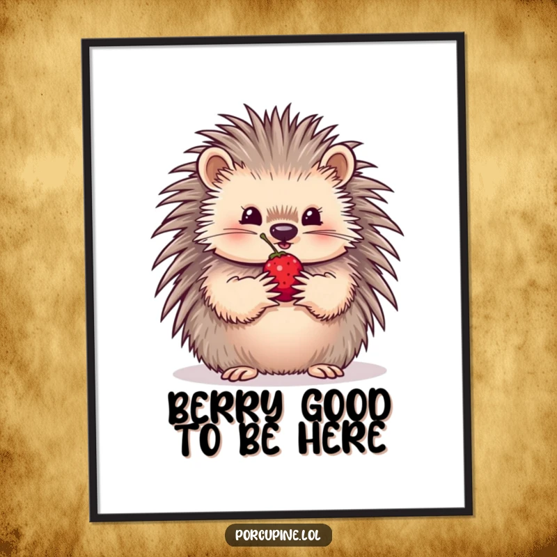 Funny Free Printable Wall Art: A porcupine with delicate paws carefully holds a single ripe berry, offering a sweet, peaceful moment.