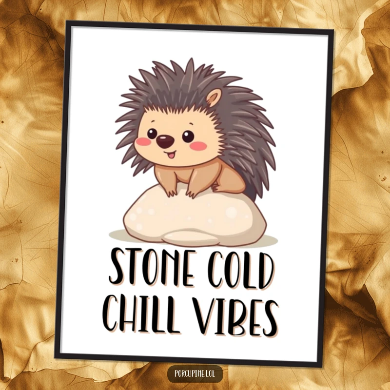 Funny Free Printable Wall Art: A kawaii porcupine exuding contentment while sitting on a smooth stone, bringing zen humor to any space.