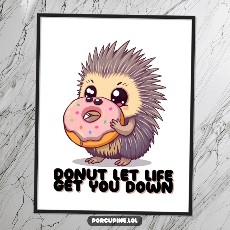 Funny Free Printable Wall Art: A porcupine with enormous eyes captivated by a gigantic, delicious-looking donut.