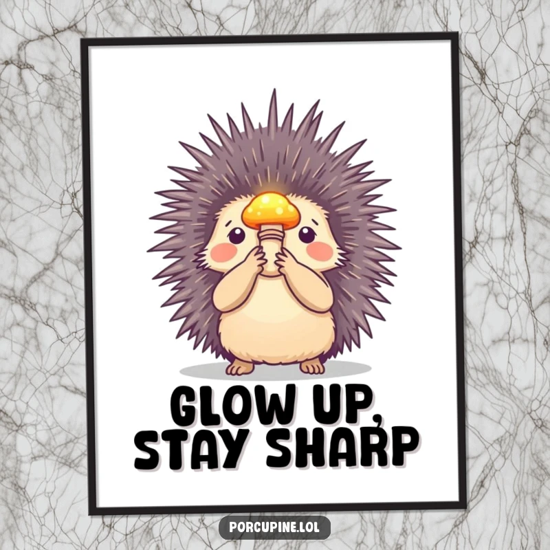 Funny Free Printable Wall Art of a porcupine holding a small, brightly glowing mushroom, casting a magical light.