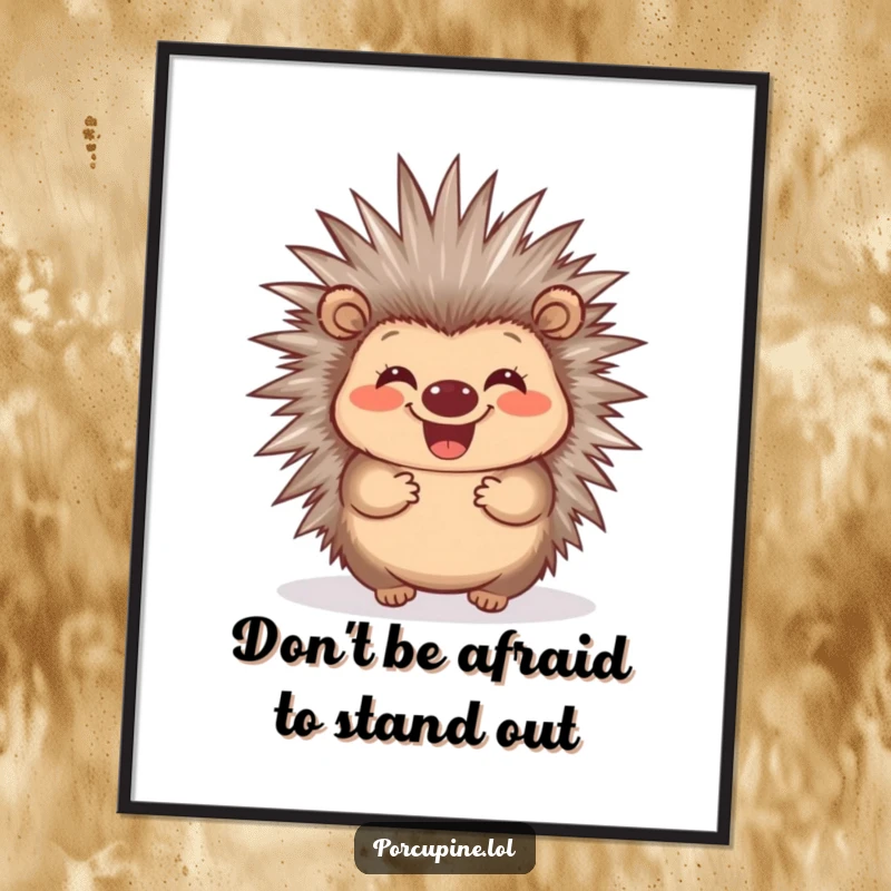 Funny Free Printable Wall Art: A super cute porcupine with a massive grin, happily wiggling its quills with pure joy.