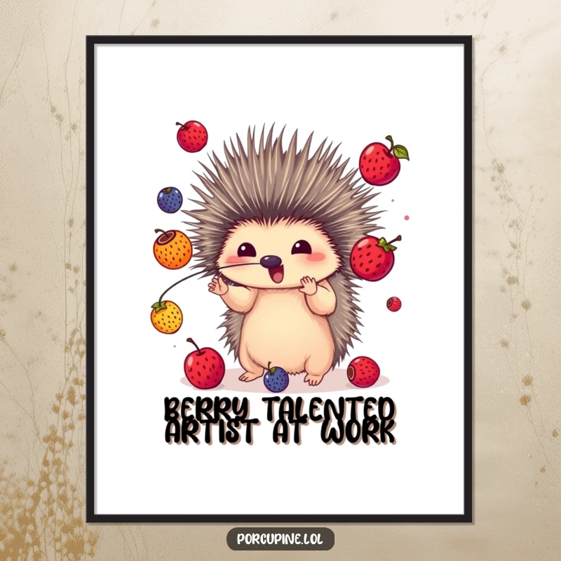 Funny Free Printable Wall Art of a porcupine skillfully juggling a cascade of colorful berries with its quills.